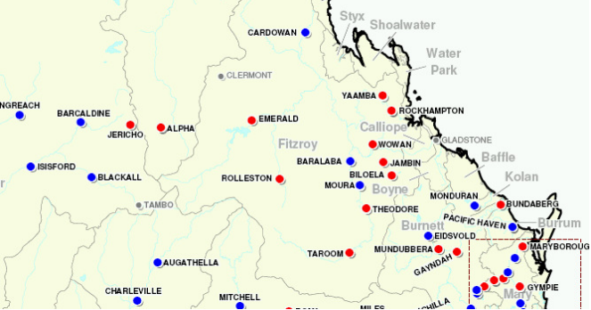 Location map - 2011 Theodore Flood (Red dots - flood inundated towns. Blue dots - flood affected towns)